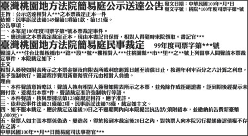 法院民事裁定公告本票裁定聲請強制執行登報 - 報紙徵人徵才求職廣告刊登/全國地方法院公告登報
